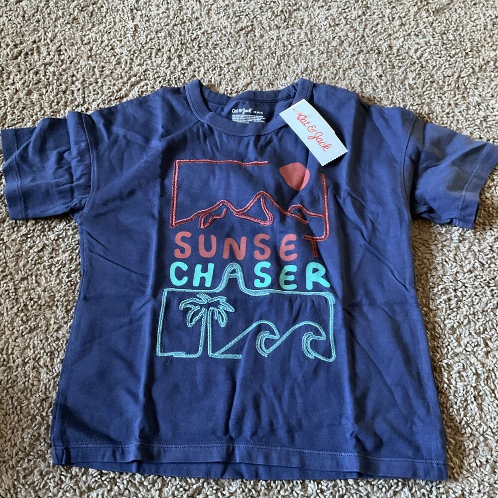 NWT Boys XS Cat & Jack Blue Sunset Chaser T-Shirt Tee Embroidered Graphic